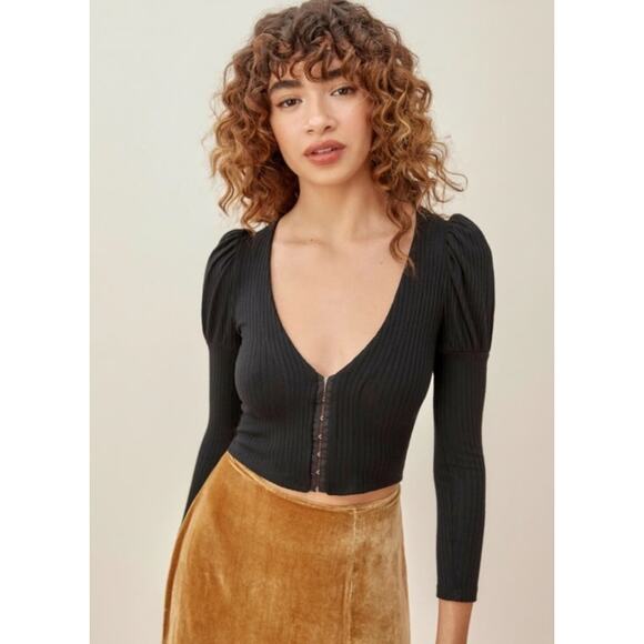 Reformation Tops - Reformation Einkorn Clasp Front Ribbed Puff Sleeve Tencel Blend Blouse Medium